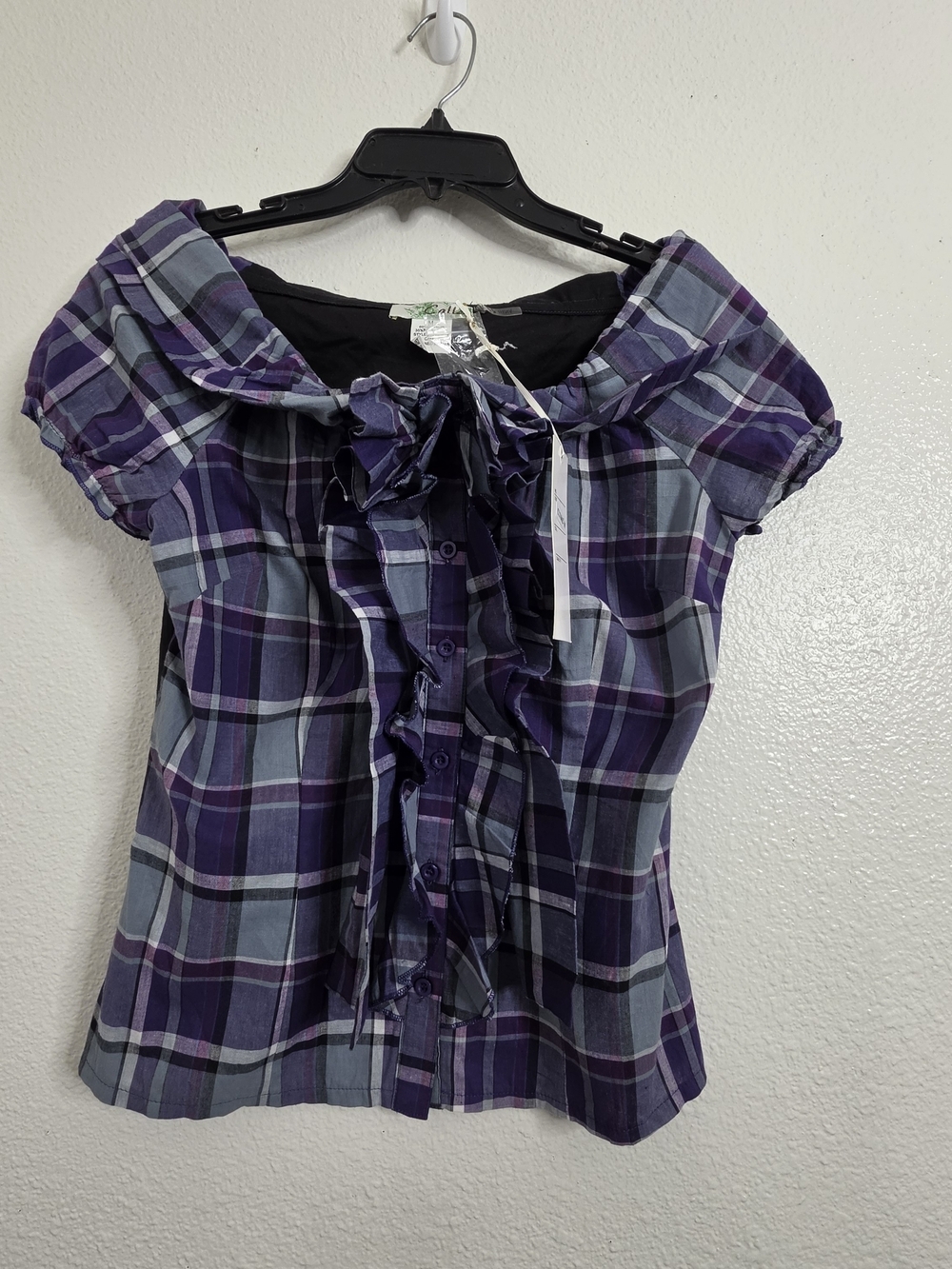 CALLA Womens Medium Plaid Ruffle Off Shoulder Short Sleeve Blouse Purple NWT Vtg